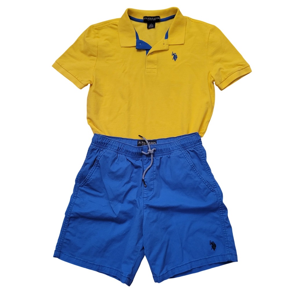 US Polo Assn L 10-12 2pc Set Yellow Blue Polo Shorts Preppy Summer School